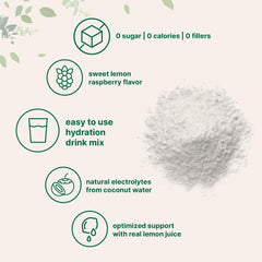 Ingredients illustration featuring coconut water and real lemon juice