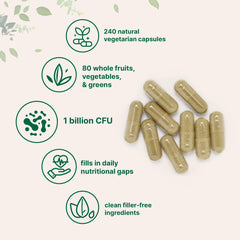 Graphic showing 80+ superfoods included in the formula