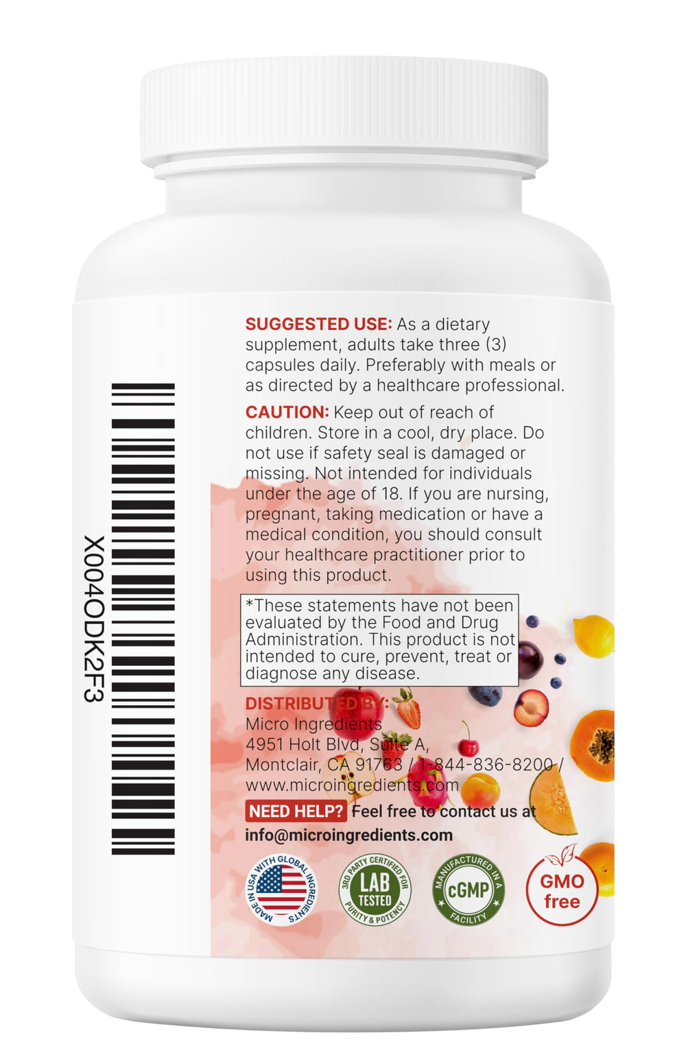 Nutrition facts and third-party testing badge