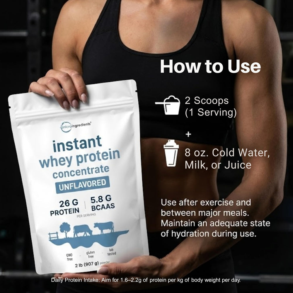 Micro Ingredients Instant Whey Protein Concentrate 2lb pouch highlights convenient protein source