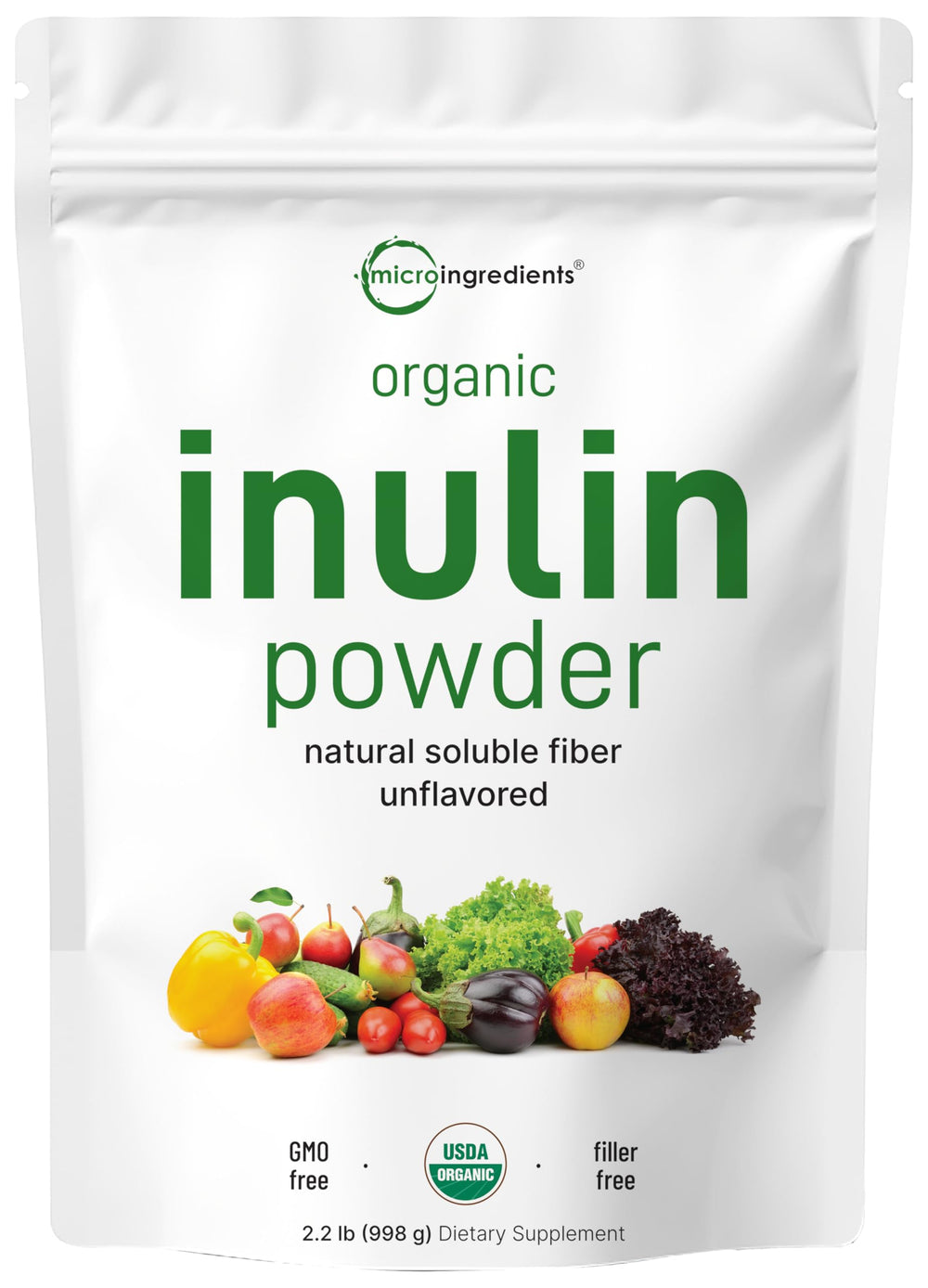 Front packaging of Micro Ingredients Organic Inulin FOS Fiber Powder 2.2 lb