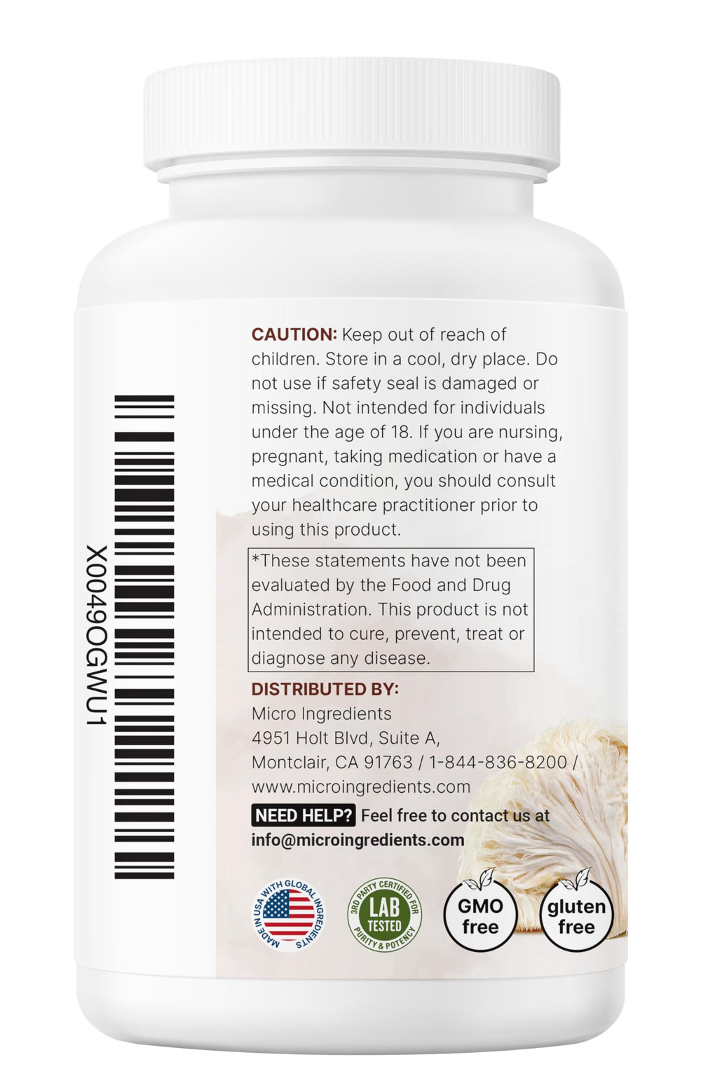 Packaging of Micro Ingredients Lion's Mane supplement bottle and box.