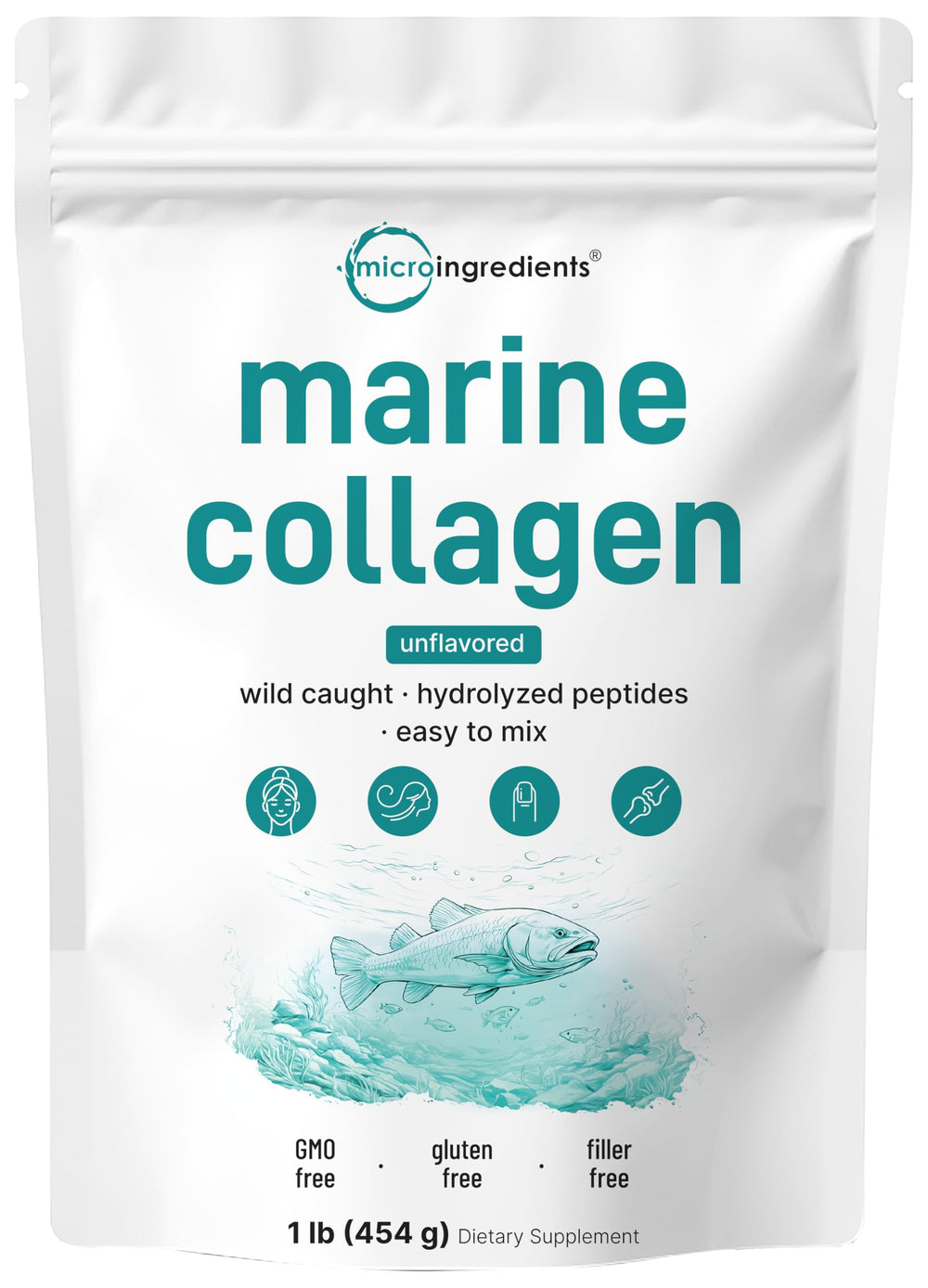 Front view of Micro Ingredients Marine Collagen Peptides Powder 1 lb package