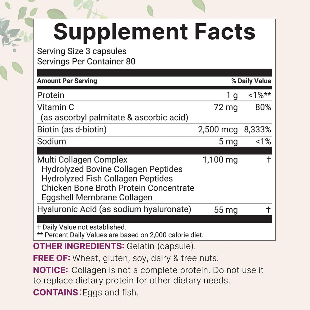 Micro Ingredients Multi Collagen ingredient list featuring Biotin, Hyaluronic Acid, and Vitamin C.