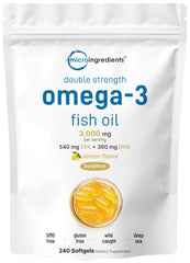 Main bottle of Micro Ingredients Omega-3 Fish Oil 3,000mg per serving with lemon flavor