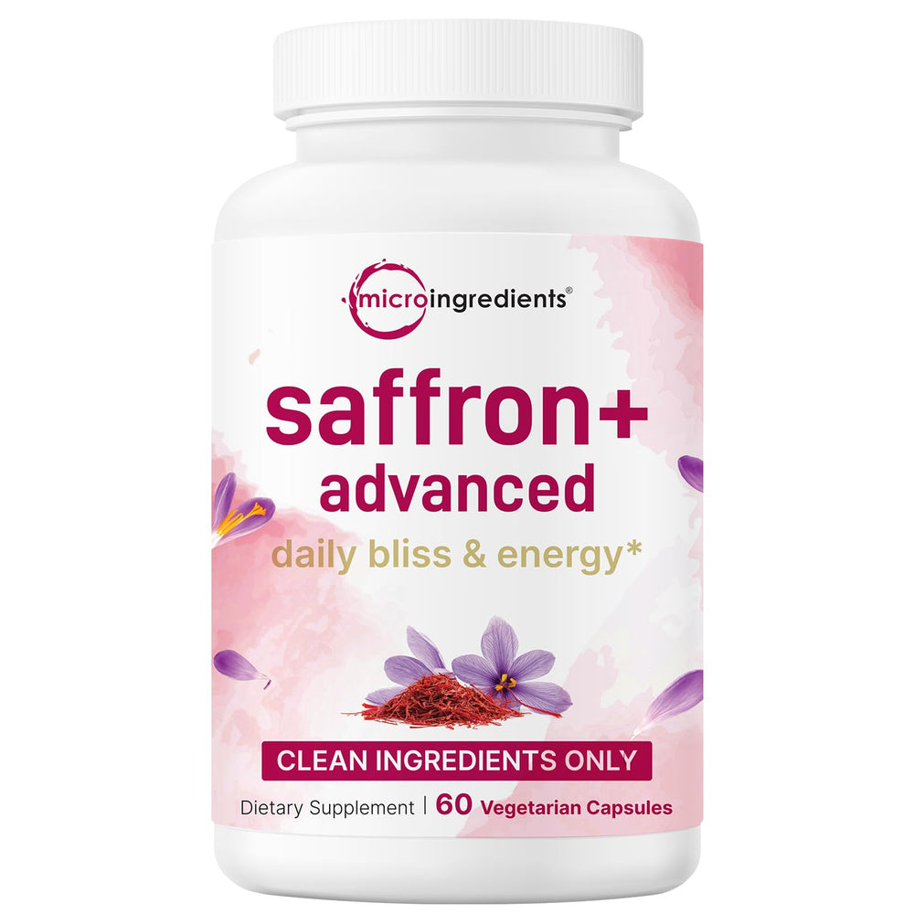 Micro Ingredients Saffron+ Advanced bottle closeup highlights filler-free mood-support formula