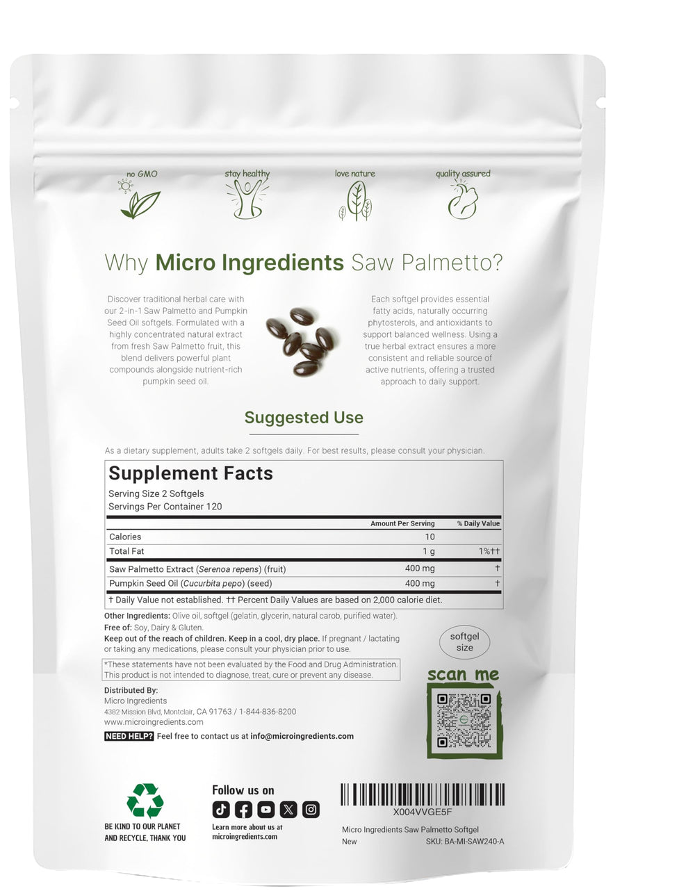 Back label showing supplement facts for Micro Ingredients softgels