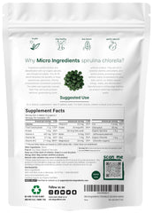 Back label with nutrition facts for spirulina and chlorella tablets