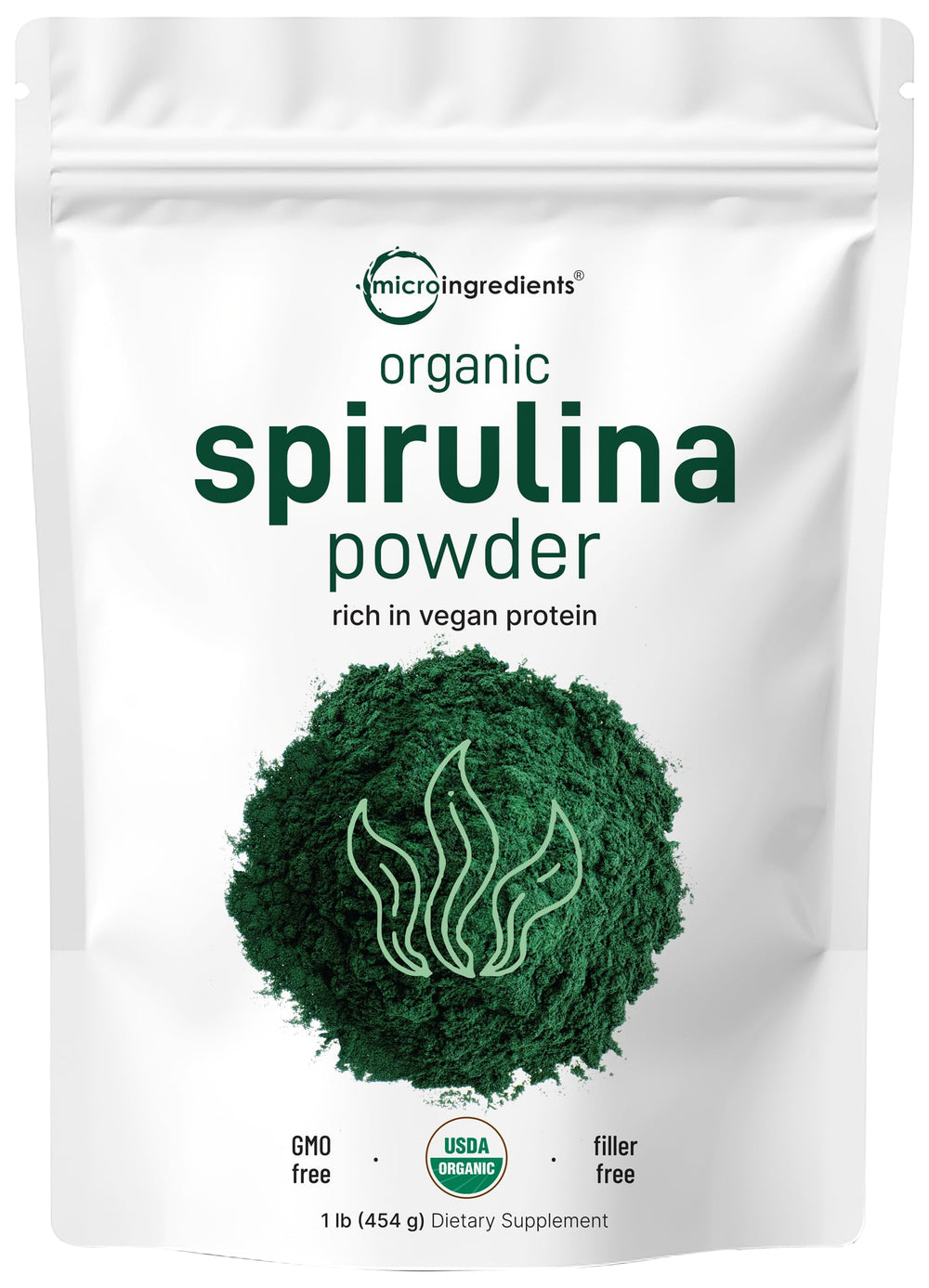 Front view of Micro Ingredients Organic Spirulina Powder 1 lb package