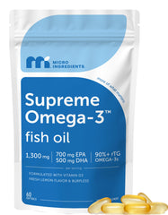 Micro Ingredients Supreme Omega-3 bottle front view with lemon flavor for burpless intake.