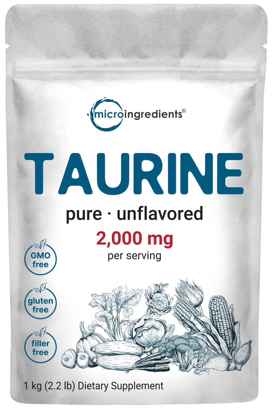 Front view of Micro Ingredients Taurine Powder packaging