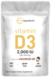 Bottle of Micro Ingredients Vitamin D3 2000 IU softgels infused with virgin coconut oil