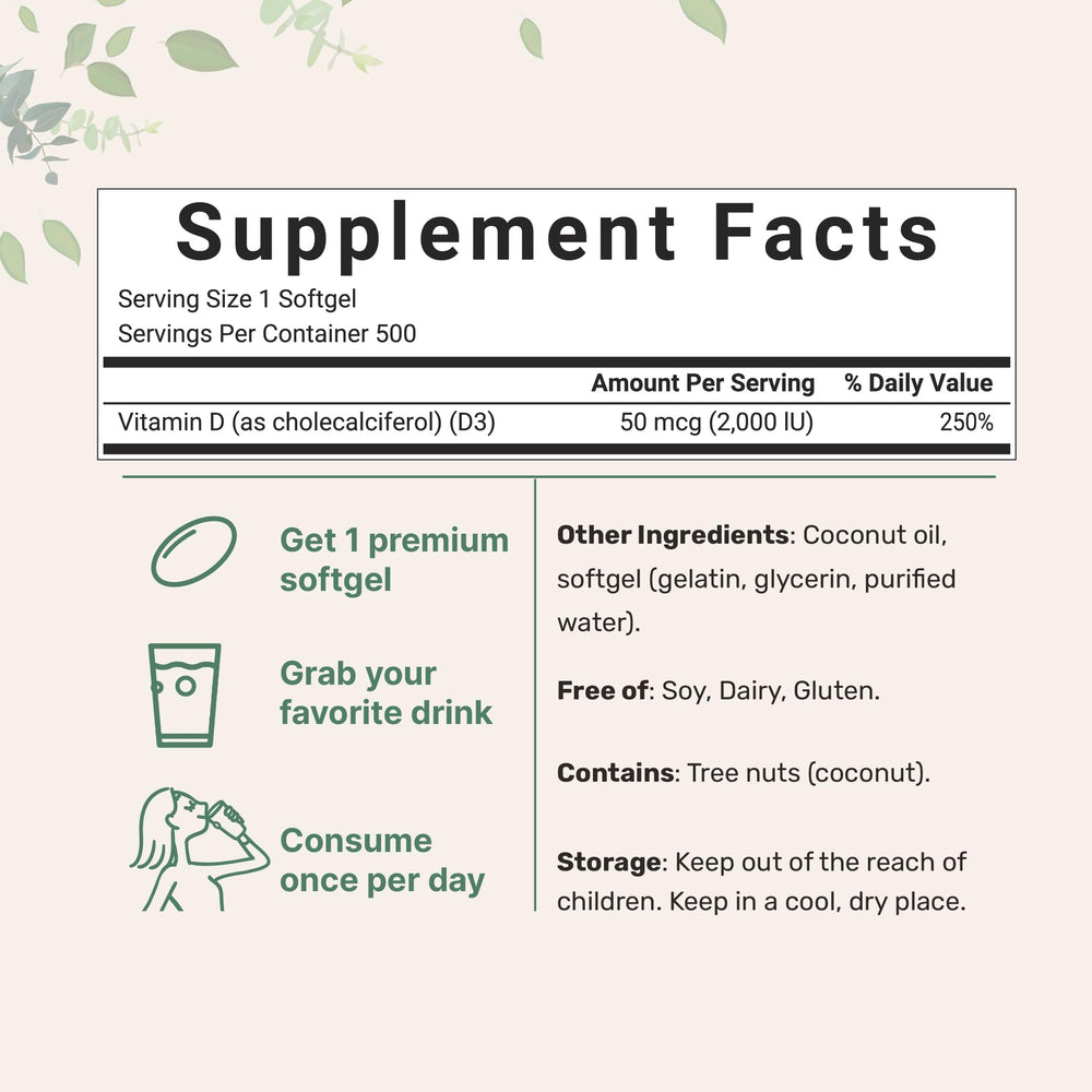 Close-up of Vitamin D3 softgels with virgin coconut oil