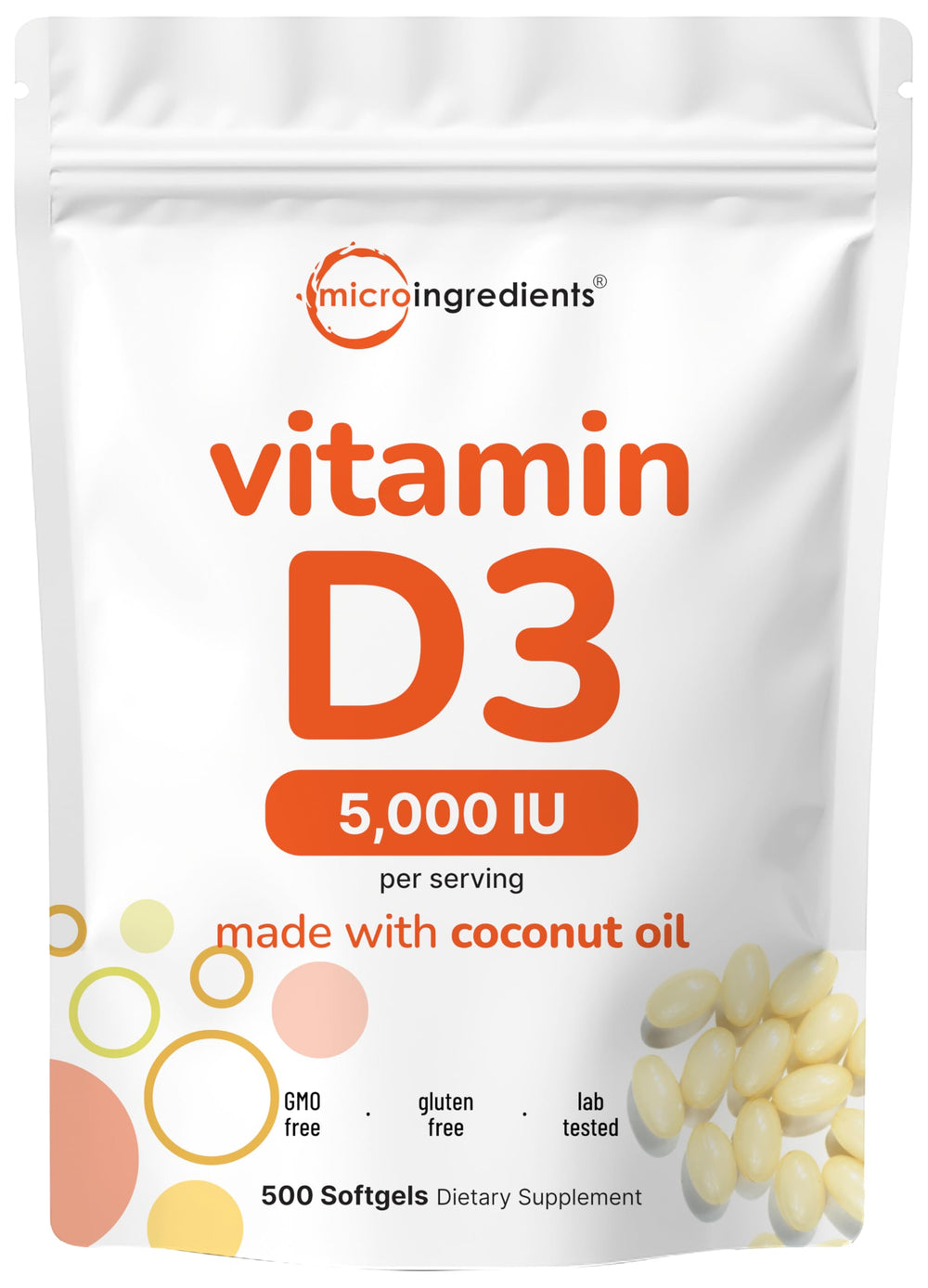 Bottle of Micro Ingredients Vitamin D3 5000 IU softgels with virgin coconut oil