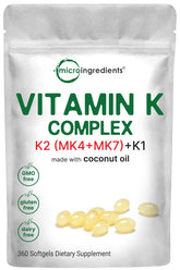 Micro Ingredients Vitamin K Complex softgels with K1, MK4, MK7 in coconut oil carrier