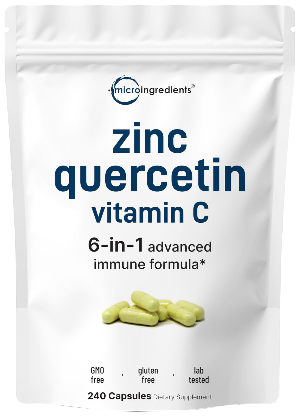 Front view of Micro Ingredients Zinc Quercetin 240-cap bottle