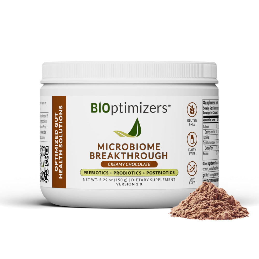 Bottle of Microbiome Breakthrough gut support powder chocolate flavor