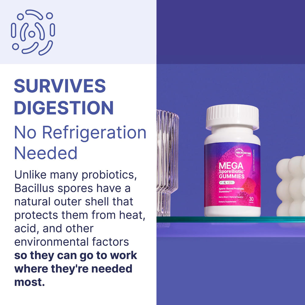 Microbiome Labs MegaSporeBiotic Kids digest support gummies on table