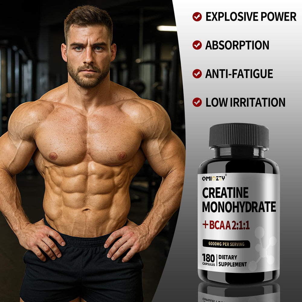 Close-up of micronized creatine monohydrate capsules inside bottle