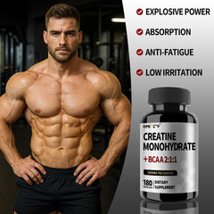 Close-up of micronized creatine monohydrate capsules inside bottle