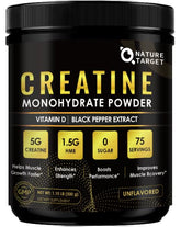 Bottle of micronized creatine monohydrate with measuring scoop