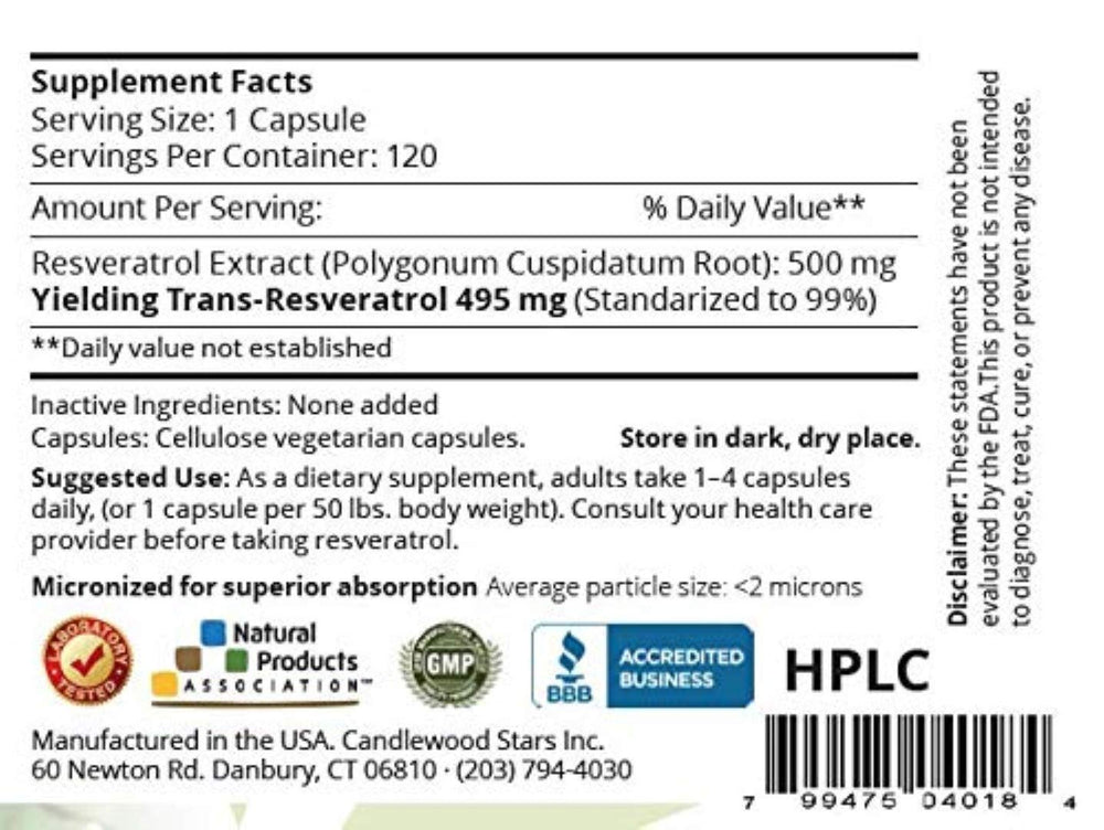 Micronized trans-resveratrol 500 mg capsule