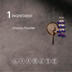 Mikuna Chocho gluten-free quality badge beside powder