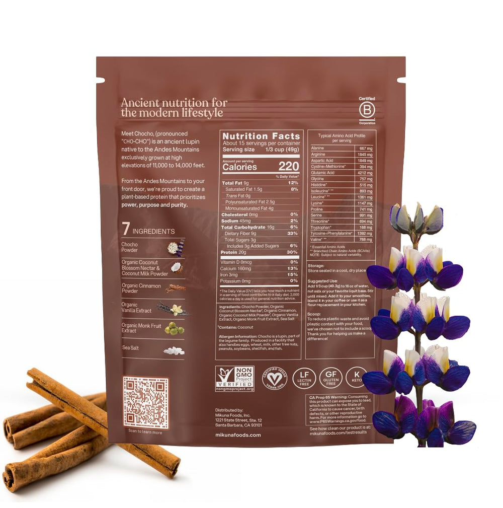 Mikuna Chocho protein ingredients highlights gluten-free, lectin-free, keto-friendly profile.