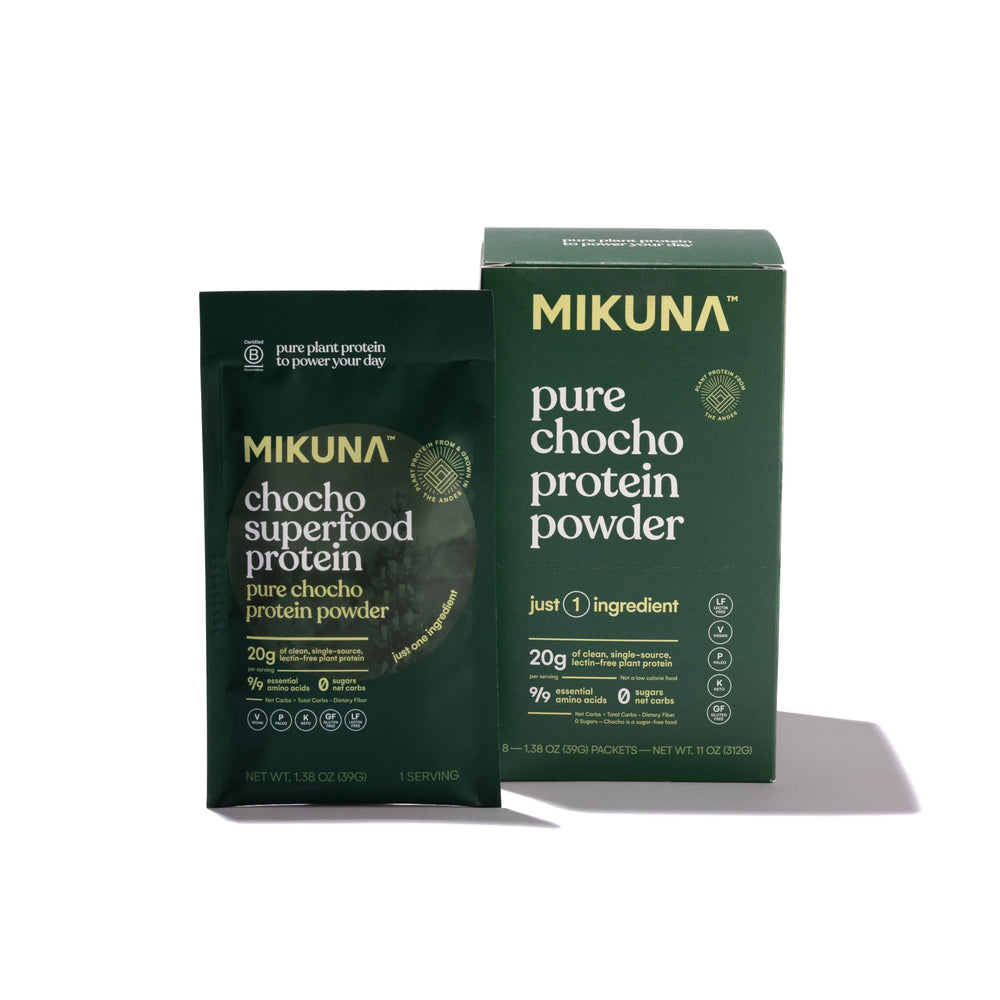 Mikuna Chocho protein powder tub with 20g plant protein per serving