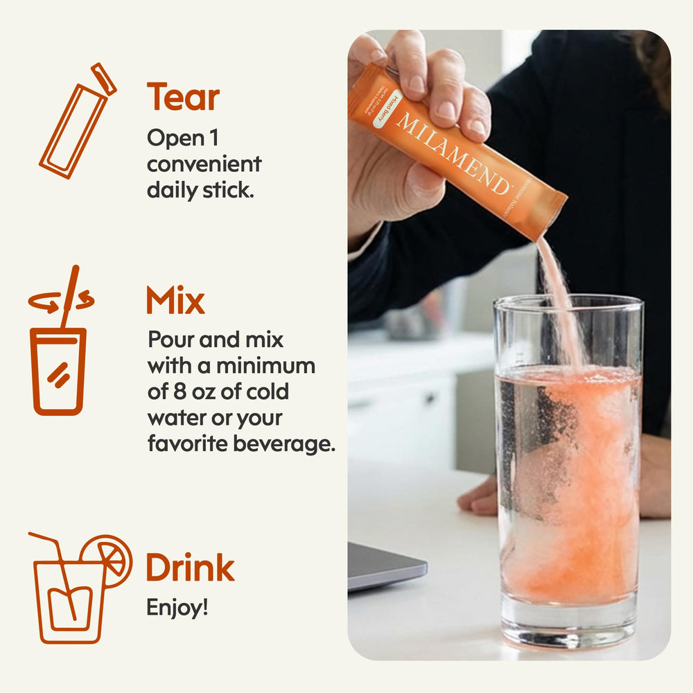 milamend powder beside measuring spoon for size and portion comparison and accurate dosing