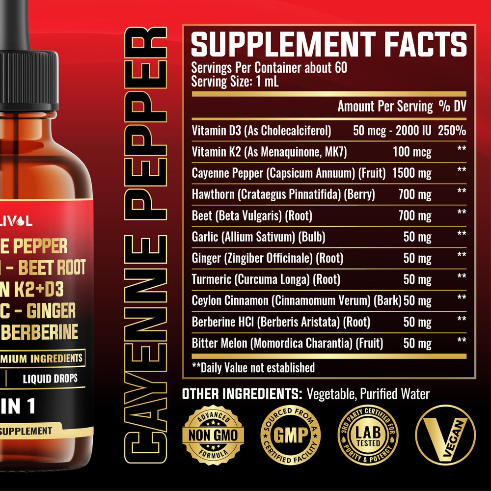 Product label showing MILIVOL 11in1 Cayenne Pepper Liquid Drops
