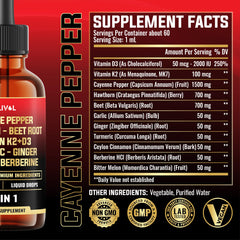 Product label showing MILIVOL 11in1 Cayenne Pepper Liquid Drops