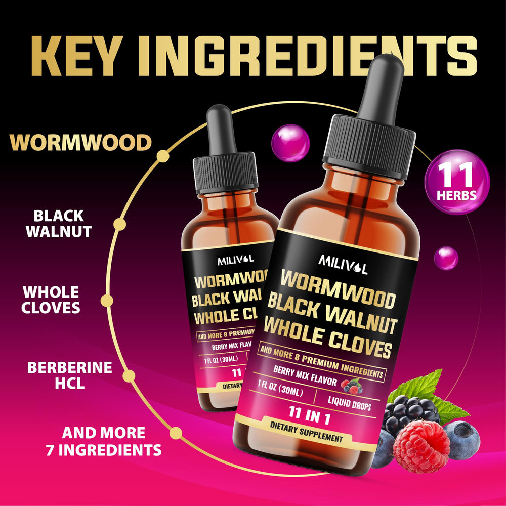 Ingredients overview graphic for MILIVOL 11in1 Wormwood Tincture Berry Mix