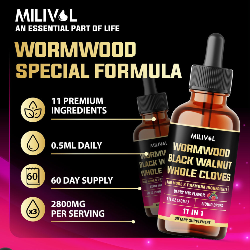 Shake well instruction and serving size graphic for MILIVOL 11in1 Wormwood Tincture