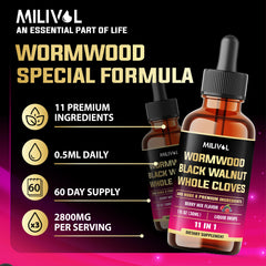 Shake well instruction and serving size graphic for MILIVOL 11in1 Wormwood Tincture