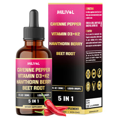 MILIVOL 5in1 cayenne drops label with D3, K2, hawthorn and beet root