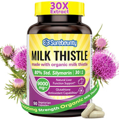 Bottle of milk thistle 9000mg 30X extract with 80% silymarin, 90 vegetarian capsules