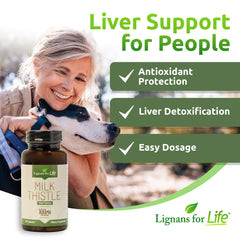 Healthy dog with supplement bottle for liver health