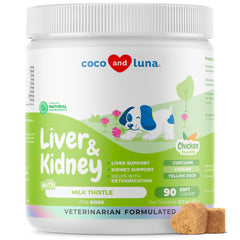 Coco and Luna Milk Thistle Liver and Kidney Support for Dogs bottle and packaging