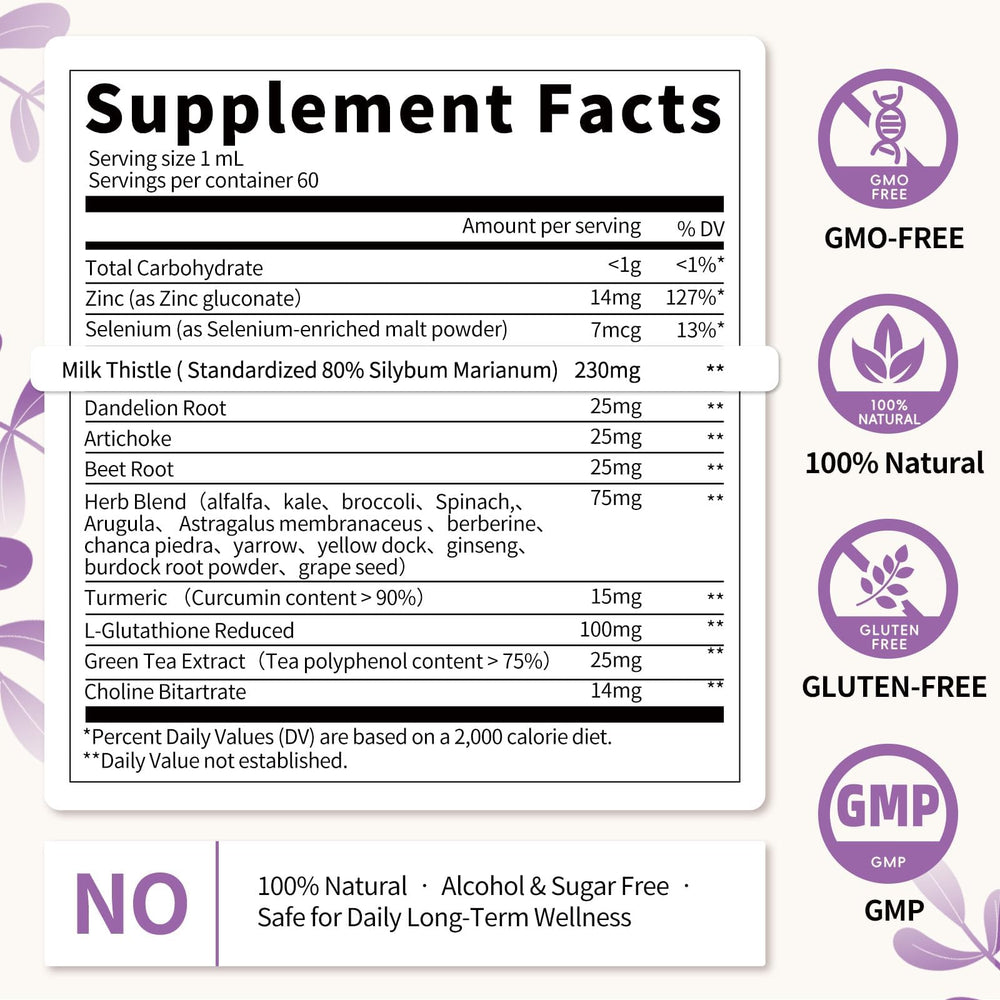 Bottle label highlighting non-GMO vegan liver support