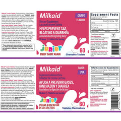 Back of Milkaid Junior bottle packaging showing 60 tablets