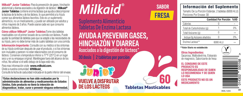 Milkaid Junior label highlighting vegetarian and gluten-free features
