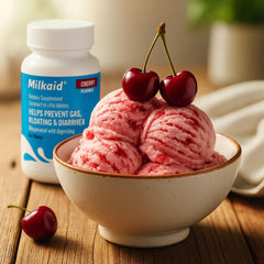 Milkaid bottle of chewable tablets with cherry flavor