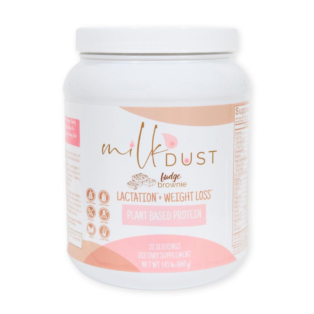 Milk Dust bottle closeup highlights fudge brownie flavor for lactation-friendly shakes.