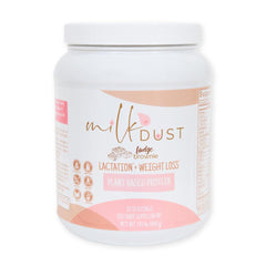 Milk Dust bottle closeup highlights fudge brownie flavor for lactation-friendly shakes.
