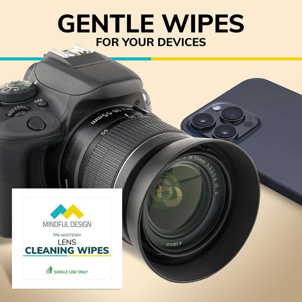 Portable travel pack of Mindful Design lens wipes
