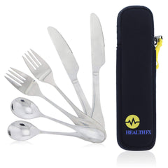 Mindful eating portion control flatware set with zippered neoprene pouch