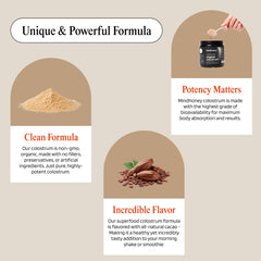 Close-up of cacao flavored colostrum powder texture