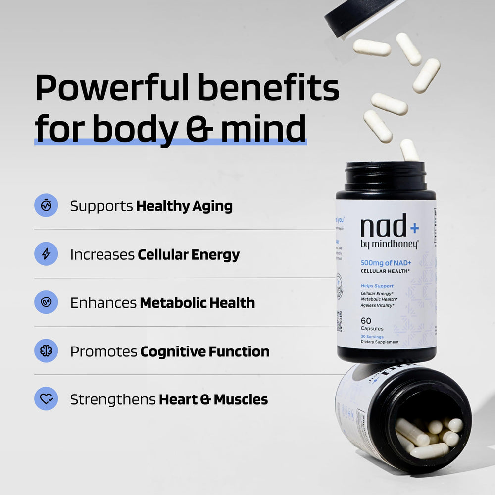 Close-up of Mindhoney NAD+ bottle and capsules