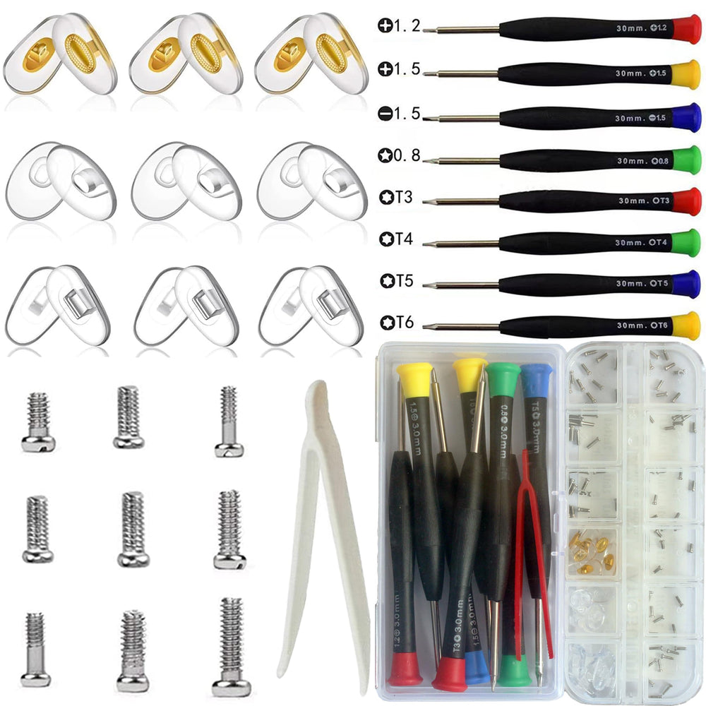 Mingbuy Eyeglass Repair Kit contents with nose pads, screws, and screwdrivers